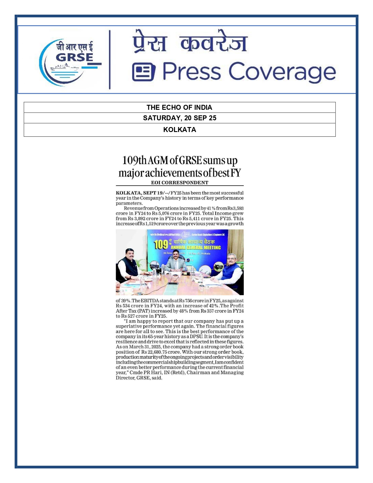 Press Coverage : 19 Sept 25:THE ECHO OF INDIA 